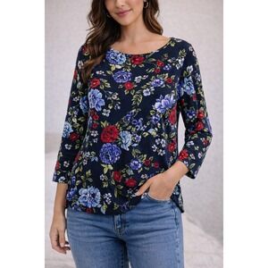 Talbots Womens Medium Navy Blue Floral Print 3/4 Sleeve Boat Neck Cotton Top